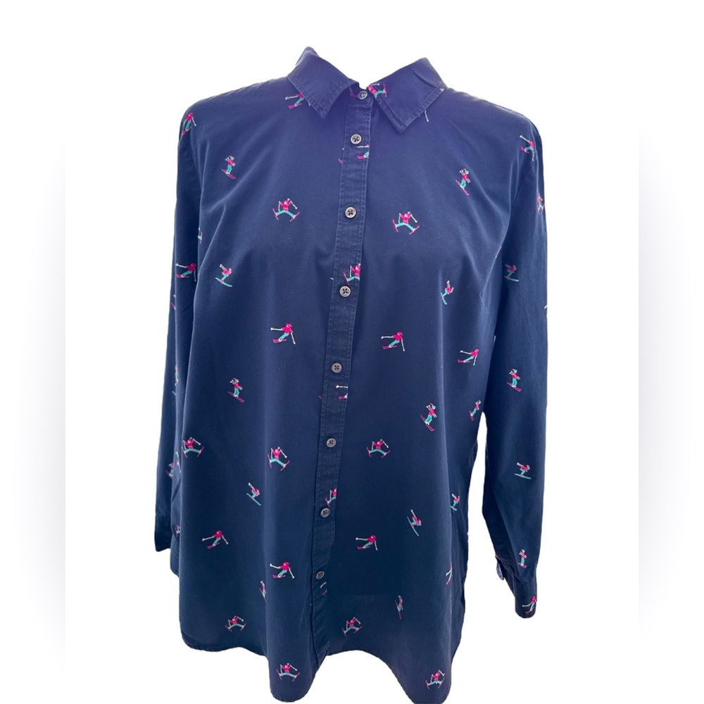 Talbots, Navy Embroidered Skiers Button Up Top, Size Large